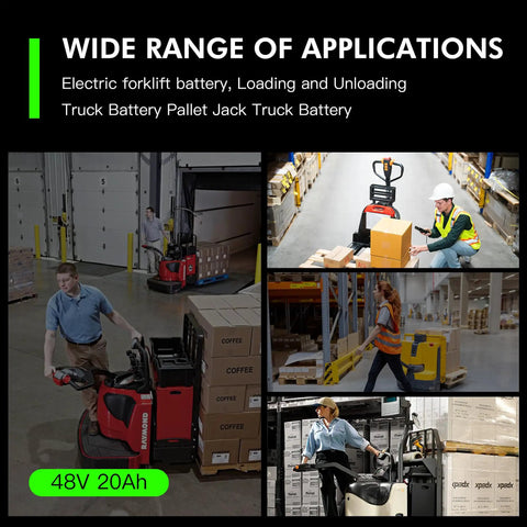 Durable 48V 20Ah Lithium Ion Forklift Battery Upgrade For Electric Pallet Jack in use with warehouse staff loading and unloading.