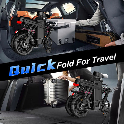1200W Folding Electric Bike For Adults And Teens compactly stored in a car trunk, highlighting foldable design for easy travel