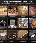 Engraved materials including kraft paper, basswood, bamboo, leather, rubber, glass, ceramics, acrylic, metal, stainless steel using RAY5 20W Laser Engraver With Air Assist Kit And 4 In 1 Rotary Roller All In One Includes 16 Pc Riser Pack High Precision Laser Cutter For Wood Metal Acrylic Cylindrical Tumblers And More Ideal For DIY Projects And Small Batch Engraving