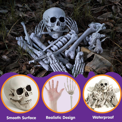 28 Piece Skeleton And Skull Halloween Decor Kit for outdoor and indoor use, includes realistic bones and skull in a graveyard setting