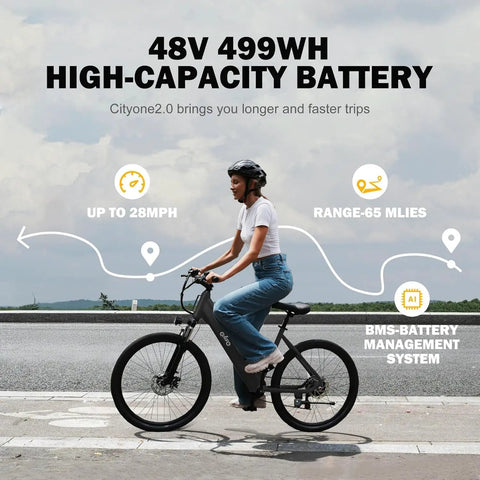 Rider on Get Up And Go City Commuter Electric Bike For Adults With 65 Mile Range 1200 Watt Peak Motor 26 Inch Ebike in action