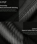 Premium Microfiber Leather Steering Wheel Cover With Anti Slip Padding And Matte Carbon Trim For Solid Daily Driving Universal 14.5 Inch Black showing detailed stitching and carbon fiber texture.