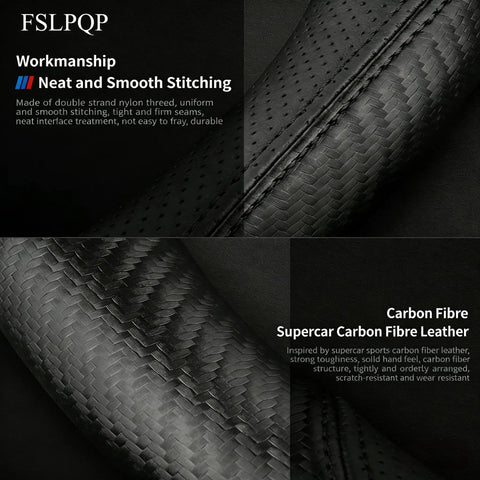 Premium Microfiber Leather Steering Wheel Cover With Anti Slip Padding And Matte Carbon Trim For Solid Daily Driving Universal 14.5 Inch Black showing detailed stitching and carbon fiber texture.