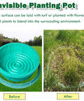 Invisible planting pot before and after installation, blending seamlessly with grass and surroundings.