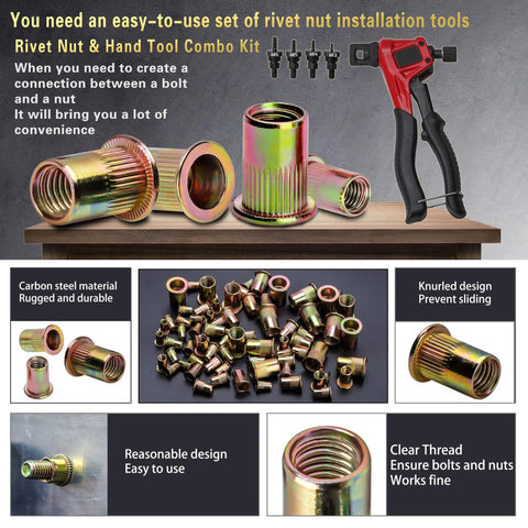 Pro Grade Hand Rivet Nut Tool With A Hella Solid 660 Piece Metric Thread Insert Assortment, M3-M6 galvanized nuts and steel handle.