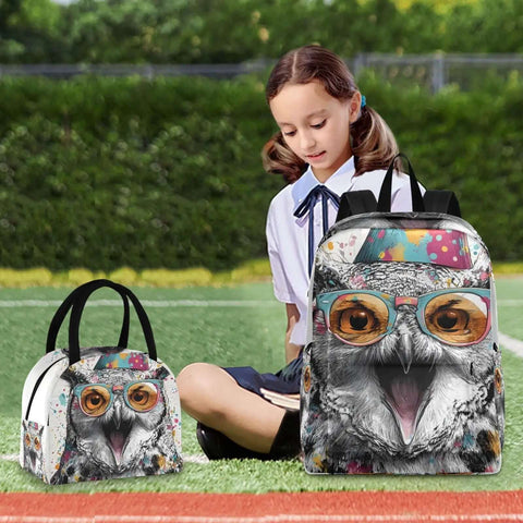 Owl Themed Backpack With Insulated Lunch Box Lightweight Fifteen Point Six Inch Laptop Daypack for work travel and picnics