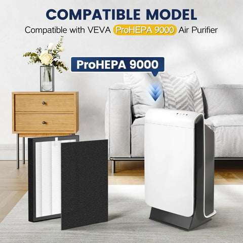 Replacement Filter Set For VEVA 9000 Air Purifiers With 2 Pack HEPA Filters And 8 Activated Carbon Pre Filters in living room