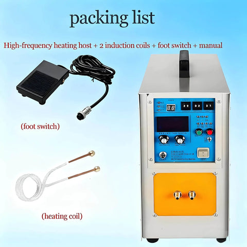 Top Shelf Industrial Induction Heater 15KW Power For Smooth Metal Melting And Quick Brazing With Zero Sweat Water Cooling, packing list with foot switch and induction coils.