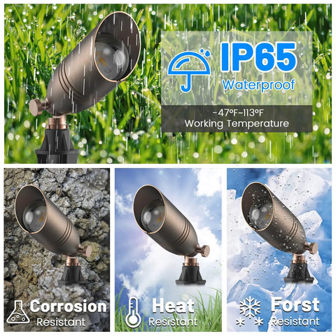 Solid Brass 12V Low-Voltage Wired Landscape Lighting Set Built Tough For Outdoor Spaces, waterproof with corrosion, heat, frost resistance.