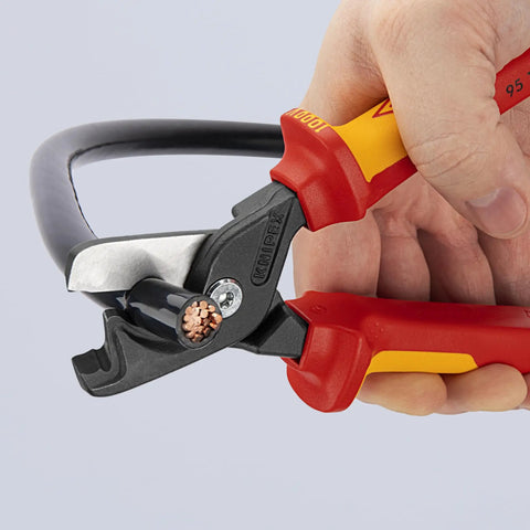 Close-up of StepCut XL Cable Shears 1000V Insulated 9 Inch Beefy High Leverage Cable Cutters cutting copper wire