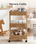Three Tier Water Hyacinth Rolling Cart With Wheels Handwoven Utility Storage Rack in nursery setting