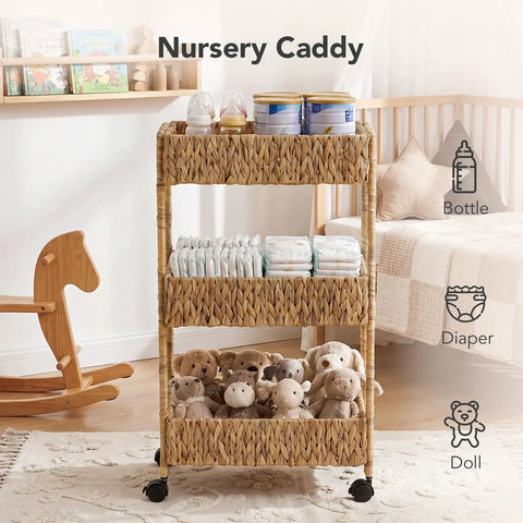 Three Tier Water Hyacinth Rolling Cart With Wheels Handwoven Utility Storage Rack in nursery setting