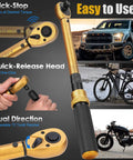 All In One Torque Wrench Set With 1/4, 3/8, And 1/2 Inch Drives, 72 Tooth Dual Scale, shows usage with car and bike