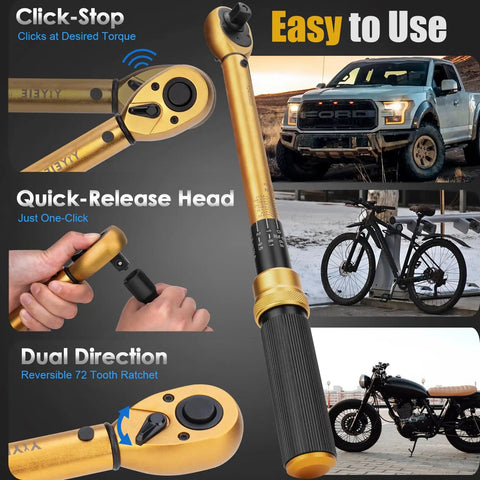 All In One Torque Wrench Set With 1/4, 3/8, And 1/2 Inch Drives, 72 Tooth Dual Scale, shows usage with car and bike