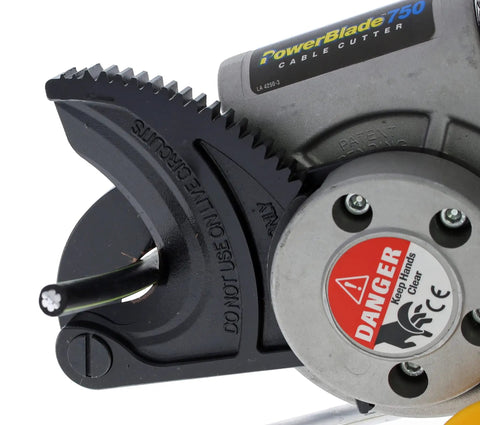 PowerBlade Drill Powered Cable Cutter Cuts Up To 750 MCM Copper and 1000 MCM Aluminum, 1-1/2 Inch Jaw close-up with cable