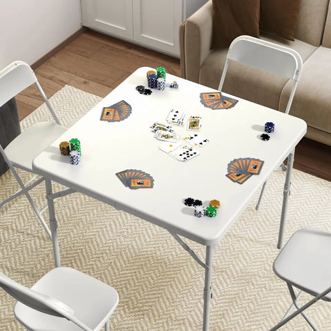 34 Inch Square Folding Table With Carrying Handle, Go To Portable Card Table Fold In Half, set for a game with cards and chips