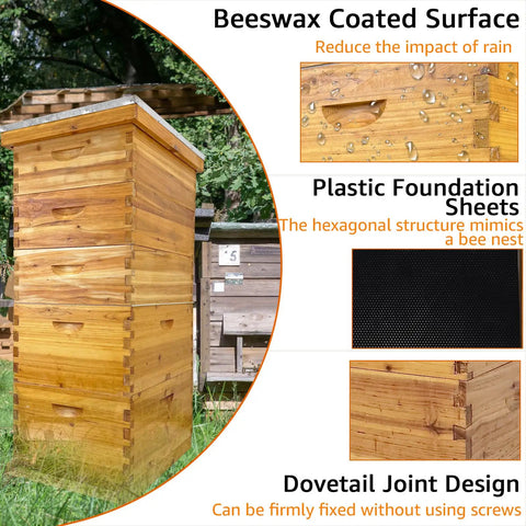 Five-Layer Langstroth Beehive Kit Plug-N-Play With Two Deep Breeding Boxes And Three Medium Super Boxes in outdoor setting