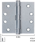 1 Pack Satin Chrome Door Hinges Four And A Half Inch By Four And A Half Inch Heavy Duty Industrial Grade Full Mortise shown with screws