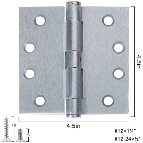 1 Pack Satin Chrome Door Hinges Four And A Half Inch By Four And A Half Inch Heavy Duty Industrial Grade Full Mortise shown with screws