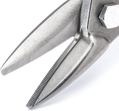 Close-up of Crescent Wiss 9-3/4 inch MetalMaster compound-action snips jaws in silver steel