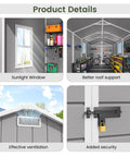 Product details of lockable plastic garden shed with floor for backyard storage, showing ventilation, security lock, interior, and window.