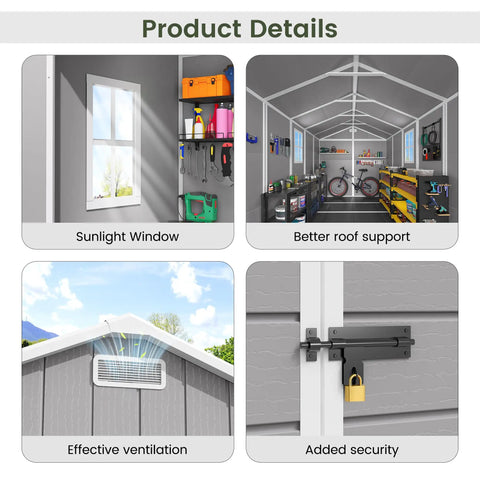 Product details of lockable plastic garden shed with floor for backyard storage, showing ventilation, security lock, interior, and window.