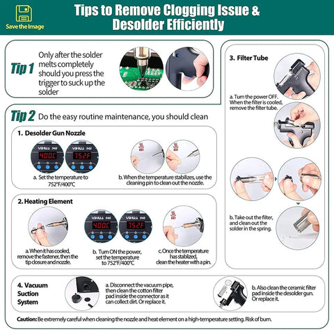 Infographic showing maintenance tips for Two In One ESD Safe Desoldering Station 80W And 60W Soldering Iron with Desoldering Gun.
