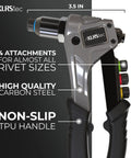 Pro Rivet Gun Kit with 120 Pop Rivets and 4 HSS Drills, featuring carbon steel body and non-slip TPU handle, side view.