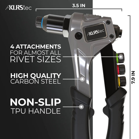 Pro Rivet Gun Kit with 120 Pop Rivets and 4 HSS Drills, featuring carbon steel body and non-slip TPU handle, side view.