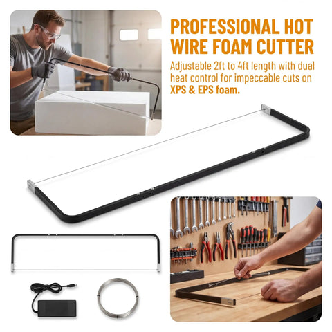 Adjustable 2Ft To 4Ft Hot Wire Foam Cutter With Dual Heat Power Supply Heavy Duty Aluminum Frame For Styrofoam XPS EPS EIFS Foam Boards Delivers Smooth Clean Cuts For DIY Crafts And Professional Projects, shown with power supply and wire