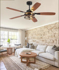 52 Inch Farmhouse Ceiling Fan With Light And Remote Black Industrial Caged Flush Mount With 6 Speed Reversible Motor installed in living room