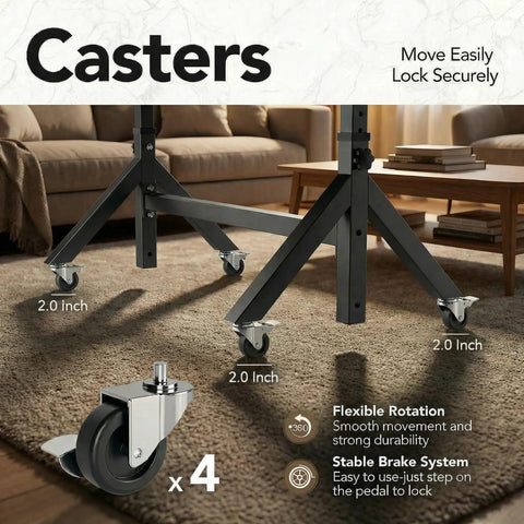 Mobile Rolling Standing Desk With Storage Basket, Height Adjustable From 28.7 To 46.1 Inches, 31.5 By 15.75 Inch Desktop, caster wheels close-up, highlighting 2-inch size and lock system.