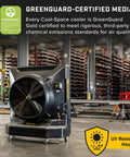 Heavy Duty Portable Evaporative Swamp Cooler With 50 Inch Fan Kicks Serious Heat In 6500 Sq Ft Garages showing 64 gallon tank and fan.