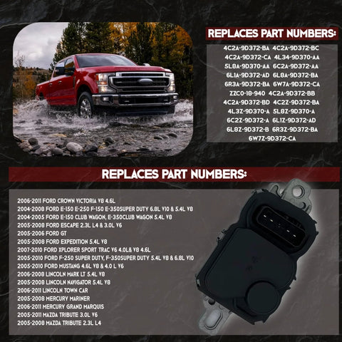 Image of Fuel Pump Driver Module 590-001 Fits Ford, Lincoln, Mazda, Mercury Vehicles From 2004 Through 2011 With 2-Year Warranty next to a red truck.
