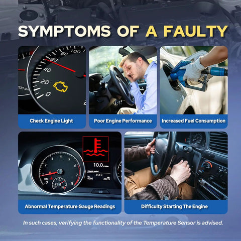 Symptoms of a faulty Rugged Cylinder Head Temperature Sensor For Ford F150 Super Duty Explorer Replaces TS653 in various dashboard displays.