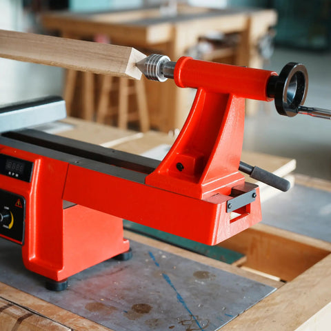 12 Inch Heavy Duty Extension Bed For Woodturning Lathe Extends Reach To 32 Inches, red extension on midi lathe in shop