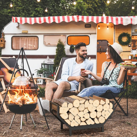 Indoor Outdoor Firewood Rack With Large Capacity Rustproof Steel Log Holder by campfire with logs and couple