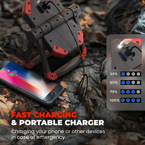 Rechargeable LED Work Light with Dual COB Panels and phone charging on forest floor