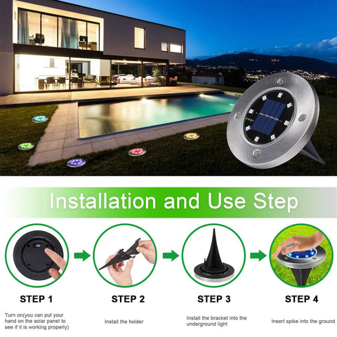 Installation steps for Solar Ground Lights 8 Pack Multicolor LED Pathway Lights For Outdoor Garden And Lawn, Color Changing Landscape Stakes With 7 Color Modes, Weatherproof Solar Powered, No Hassle Install.