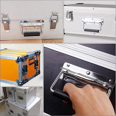 Spring Loaded Case Handle Set Two Pack Heavy Duty Black Surface Mount Chest Handles 140 By 80 Millimeters installed on cases