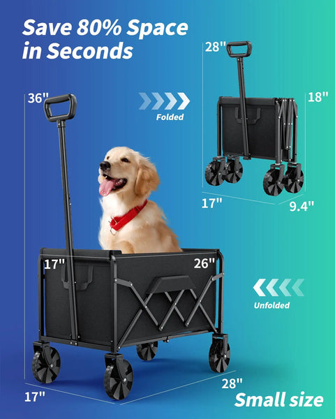 Collapsible Wagon With Wheels Foldable Dog Cart That Holds Up To 200 Lbs 80L Interior Storage shown folded and in use with dog