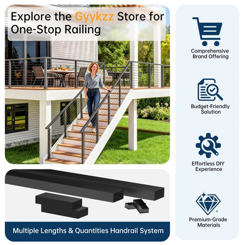 Hella Tough Six Foot Six Inch T304 Stainless Steel Handrail For Stairs With Sleek Matte Black Finish mounted on outdoor stairs.