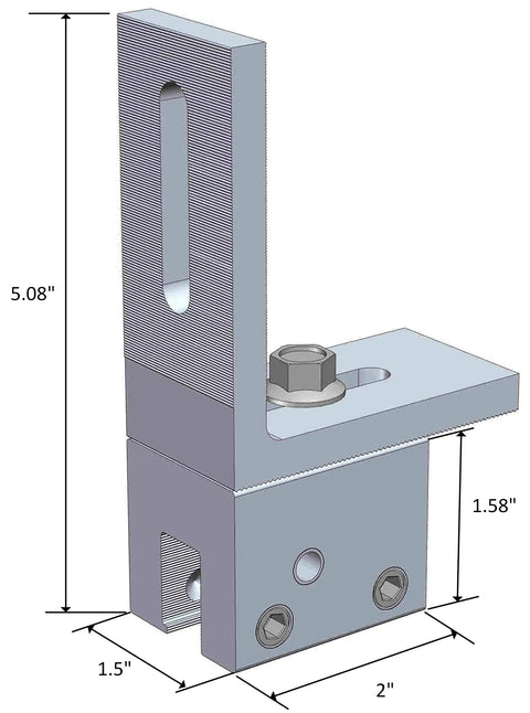 Rock Solid L Bracket Standing Seam Metal Roof Clamp for Solar Panel Rig Setup, showing dimensions and heavy-duty aluminum construction.