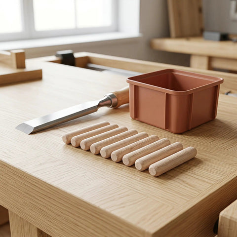 Natural Wood Dowel Pins One Quarter Inch By One Point Two Inch 100 Pack Pro Grade Beveled Ends on a workbench