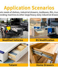 Application scenarios for Heavy Duty 12 Inch Side Mount Drawer Slides Full Extension Double Row Ball Bearing Cabinet Hardware.