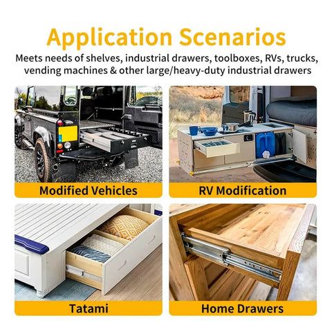 Application scenarios for Heavy Duty 12 Inch Side Mount Drawer Slides Full Extension Double Row Ball Bearing Cabinet Hardware.