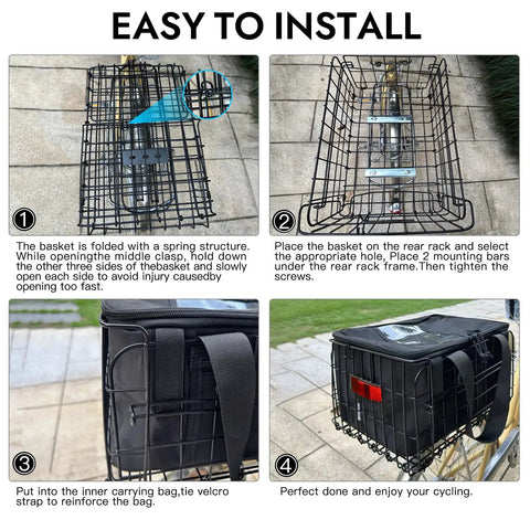 Easy install steps for Rear Bike Basket With Removable Insulated Liner Ride Ready Rainproof Cover Cargo Net Quick Release