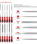 All In One Do It Yourself File Set With Six Steel Files And Six Diamond Files displayed with red handles and file shapes chart