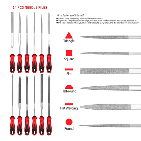 All In One Do It Yourself File Set With Six Steel Files And Six Diamond Files displayed with red handles and file shapes chart