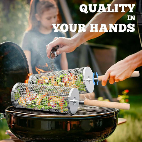 Person using Rollin Grill Basket with Removable Beech Wood Handle and 304 Stainless Steel for veggies on BBQ, outdoor cooking
